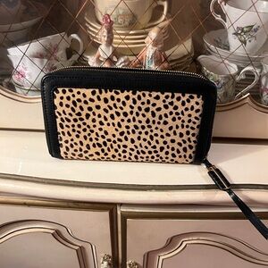 Stella and Dot Covet Mercer Leopard Calf Hair Dark Brown Leather Zip Wall Gold